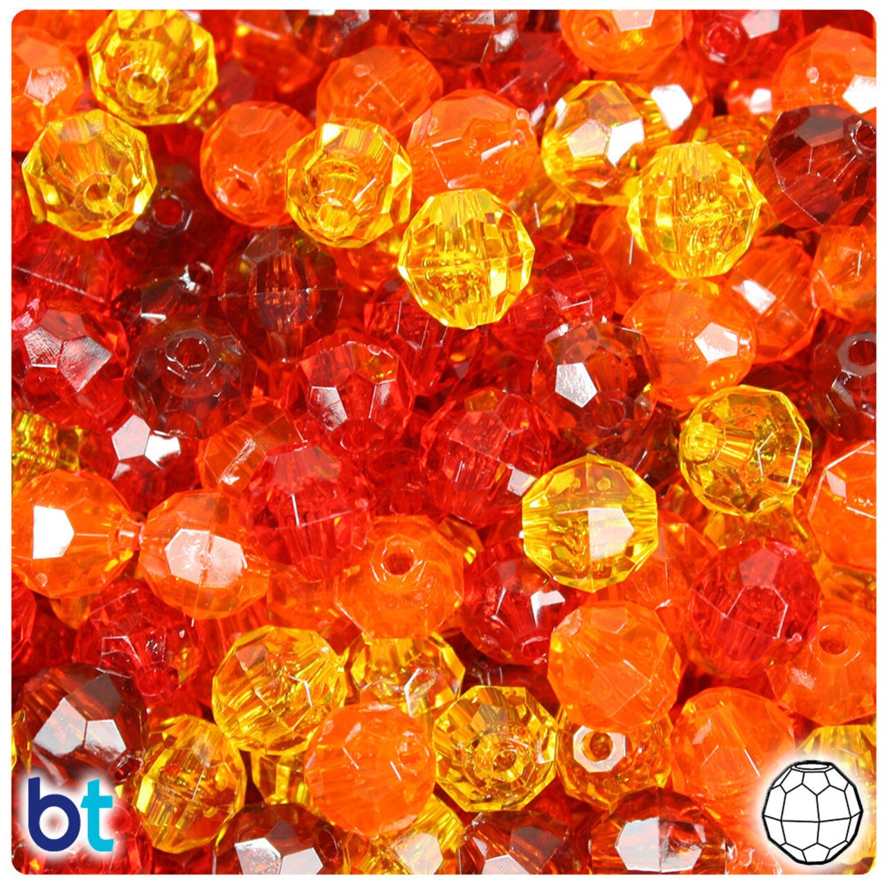 BeadTin Orange & Gold Transparent Mix 10mm Faceted Round Plastic Craft Beads (225pcs)